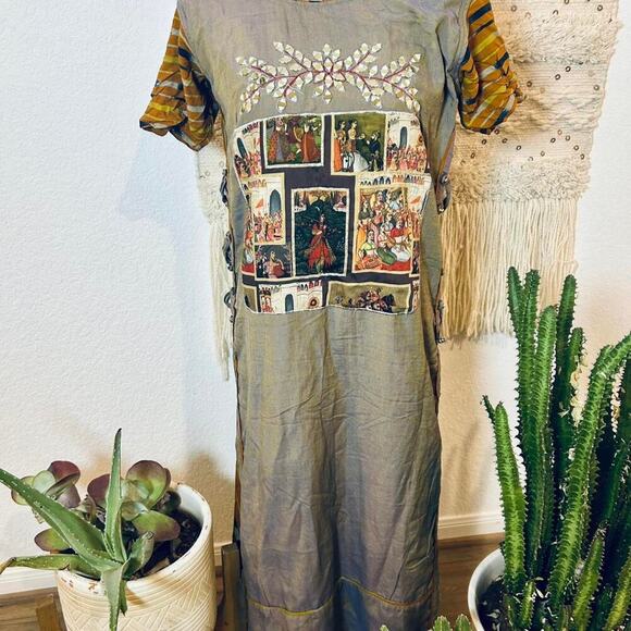 Unique vintage patchwork dress with embroidery and mirror sequin boho whimsy - Picture 2 of 8